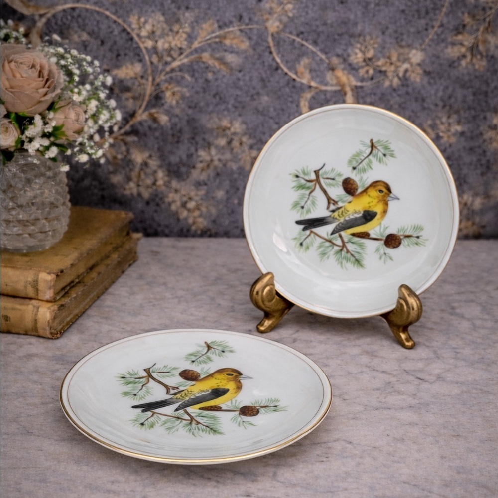Vintage Evening Grosbeak Porcelain Ring Dishes Gold Rim Germany